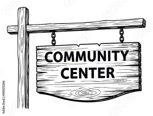 Rustic hand drawn wooden signpost displaying COMMUNITY CENTER text, perfect for local organization branding, event announcements, or directional guidance graphics.
