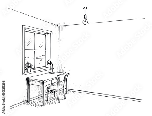 A minimalist hand drawn sketch of a home office corner with a desk chair and window, perfect for decorating various interior related marketing materials or educational publications.