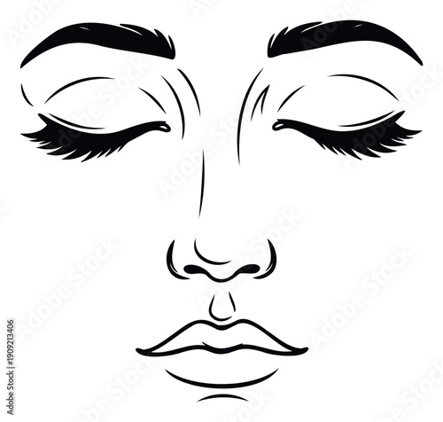 Minimalist black line drawing of a serene human face with closed eyes and expressive features, suitable for wellness, beauty, and relaxation themes in graphic prints or digital media.
