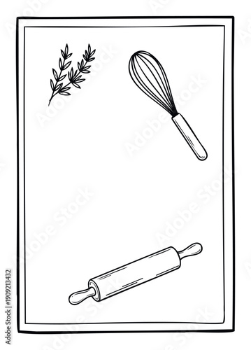 Charming hand drawn outline of baking and cooking essentials including a whisk, rolling pin, and fragrant herbs, suitable for recipe books, kitchen wall decor, or culinary blog graphics.
