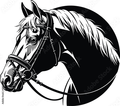 Horse head silhouette illustration, detailed bridle reins mane profile black circle emblem design, vector artwork, equestrian and animal theme, isolated background