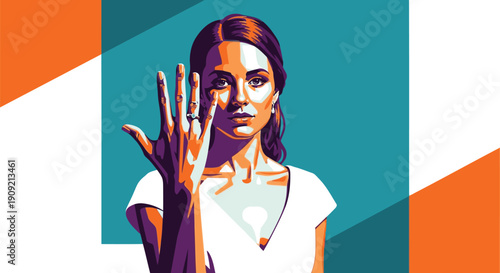 Young woman showing ring on her finger in pop art style