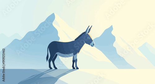 A blue donkey stands on a white plain with icy blue mountains in the background