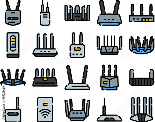 Computer router and modem devices collection icons showing various models for wireless internet access and network connection for home and office technology setups