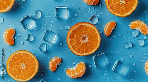 Orange slices floating among ice cubes and water drops, representing citrus freshness, hydration, and clean summer drink visuals.