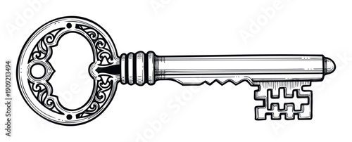 Elegant antique skeleton key with ornate bow and complex bit representing solutions access and security perfect for various graphic projects emblems and symbolic designs