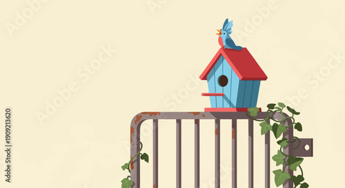 A blue bird perches atop a blue birdhouse on a rusty railing
