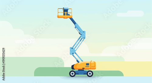 A blue and yellow aerial work platform extends its arm upward