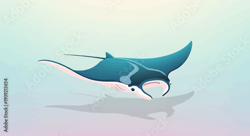 A blue and white manta ray swims gracefully in a pastel-colored ocean