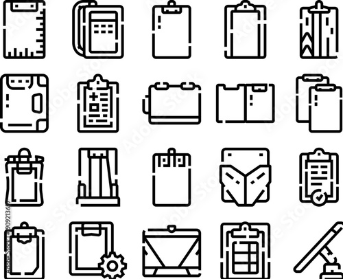 Clipboard icons set featuring various styles for document management, forms, checklists, and planning, representing business records and administration tasks visually