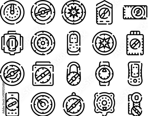 Collection of outline icons showing various compass designs and navigation devices, representing concepts of travel, exploration, guidance, and orientation