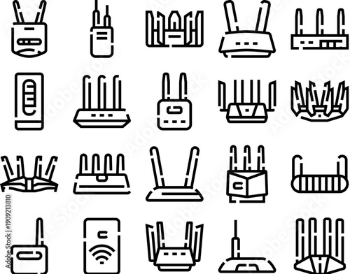 Collection of line icons depicting various wi fi routers, modems, and networking devices, symbolizing wireless connection, technology, and global communication