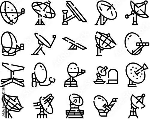 Outline vector icons of various satellite dishes and antennas illustrating wireless signal transmission, global connectivity, broadcasting, radar and modern telecommunication technology