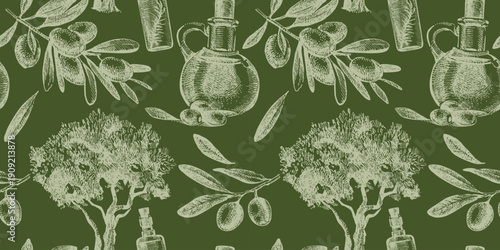 Vintage olive seamless pattern. Sketch design in retro style. Hand drawn vector isolated illustration