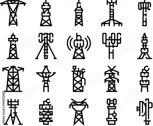 Collection of outline line icons of towers and masts for telecom, radio, tv, mobile and power distributionvector symbols for networks, antennas, signal and energy infrastructure