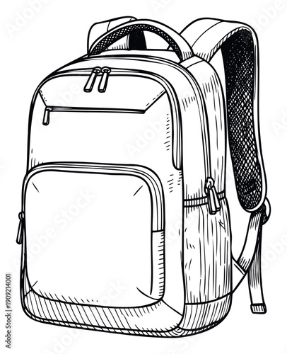 A hand drawn travel school backpack featuring multiple zippered compartments and comfortable shoulder straps, perfect for educational materials, outdoor adventures, and everyday carrying