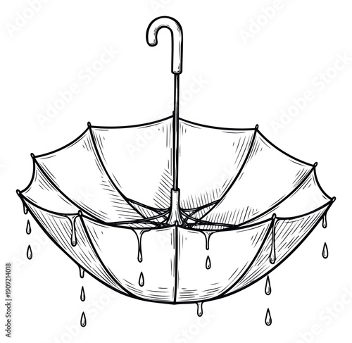 Monochrome graphic depiction of an open umbrella turned upside down with water dripping, representing rainy weather or a metaphor for collecting resources, perfect for seasonal promotions