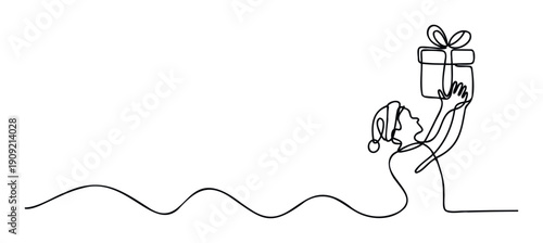 Minimalist continuous line drawing of a person in a Santa hat happily holding a wrapped gift box, perfect for holiday greetings and festive celebrations