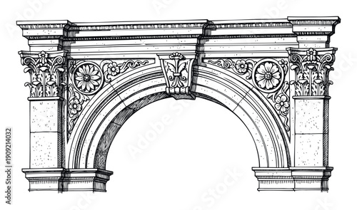 Classical architectural archway featuring ornate acanthus leaf capitals and floral frieze detailing suitable for historical design projects and educational materials