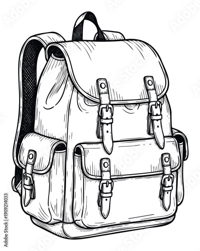 Classic canvas backpack drawing featuring multiple pockets and buckle closures, perfect for school supplies advertising, outdoor gear catalogs, or unique apparel prints.