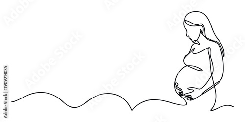 Continuous line drawing of a pregnant woman gently holding her baby bump, symbolizing the journey of motherhood, growth, and expectation for fertility clinics or wellness blogs.