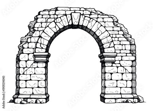 Ancient stone arch remains hand drawn sketch showing weathered historical architecture for educational materials and travel brochure designs