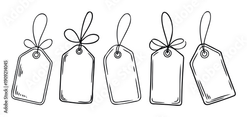 A collection of hand drawn outline blank price tags and gift labels with decorative strings and bows, perfect for shopping, sale events, marketing, and creative projects.