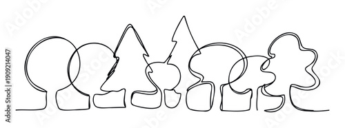 Simple continuous line art of various trees forming a stylized forest landscape, ideal for sustainable product packaging, web graphics, or ecofriendly marketing campaigns