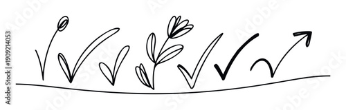 A collection of whimsical hand drawn check marks and a decorative flower doodle are perfect for marking completed tasks or adding a charming visual flair to various creative projects and