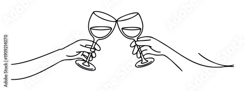Two hands holding wine glasses clinking together symbolizing celebration, friendship, and togetherness, perfect for event invitations, party promotions, or romantic announcements.