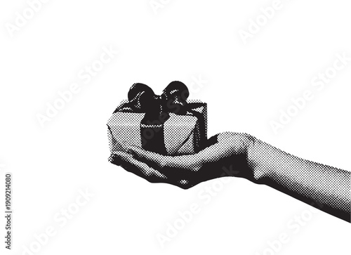 A hand holding a birthday or christmas present. Grunge halftone grain design element