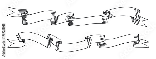 Hand drawn decorative ribbons provide versatile blank space for custom text, perfect as graphic elements for vintagethemed designs, labels, or celebratory announcements.