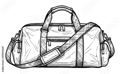 Handdrawn sketch of a classic duffel bag perfect for travel, gym, or everyday use, ideal for sportswear apparel brands and lifestyle blog graphics.