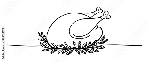 Simple outline drawing of a roasted whole turkey or chicken garnished with fragrant rosemary sprigs, ideal for holiday menus, Thanksgiving celebrations, or festive cooking promotions.