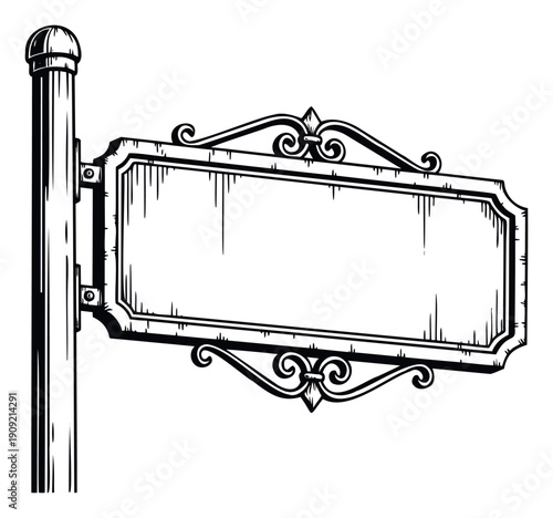 Ornate vintage blank street sign or hanging signboard with decorative scrolls and weathered texture attached to a vertical pole, ideal for traditional business branding and informational