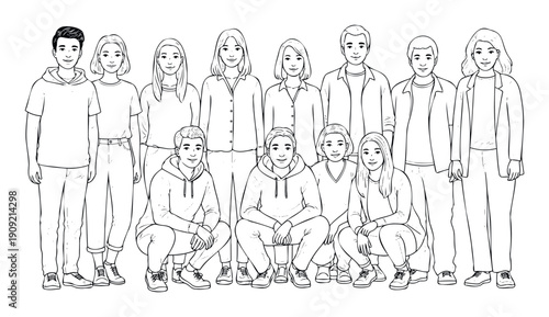 A cheerful diverse group of young students and friends standing and crouching together, perfect for educational content, youth programs, and community engagement initiatives