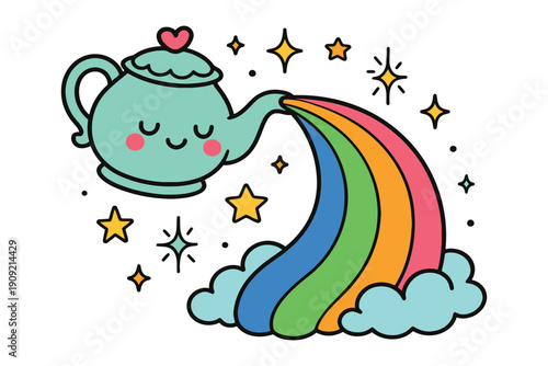 Whimsical teapot pouring a rainbow into fluffy clouds with sparkles around
