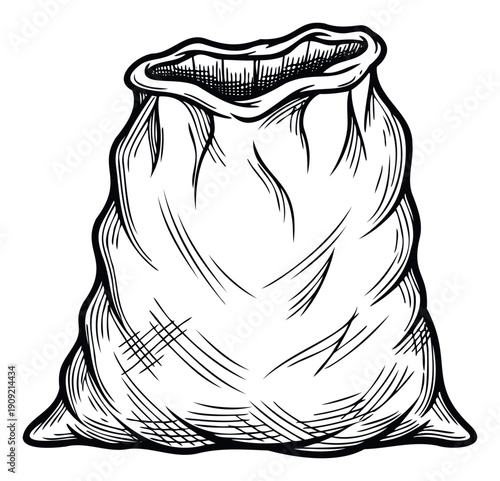Detailed black and white sketch of an empty burlap bag, useful for illustrating traditional commerce, harvesting, or humble storage concepts