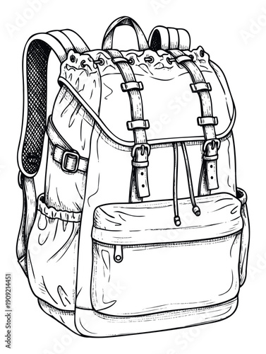 Detailed line drawing of a classic outdoor backpack with multiple compartments and adjustable straps, perfect for travel, adventure, and school supplies for education or leisure activities