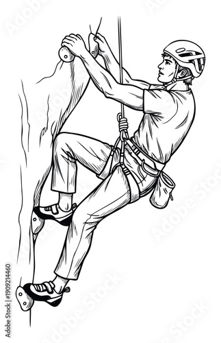 A focused man rock climbing, equipped with a safety helmet, harness, and ropes, demonstrating strength and skill, ideal for promoting extreme sports, outdoor adventure or fitness.