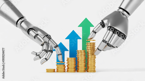 Robotic hands stacking coins with colorful arrows technology finance