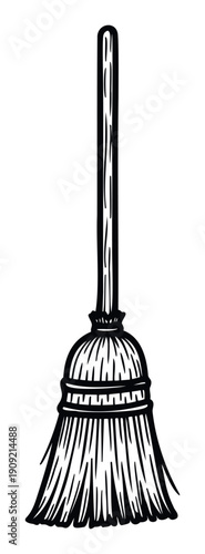 Traditional wooden broom for household cleaning tasks, useful for sweeping dirt from floors, great for home renovation projects, instructional content, or general graphic embellishment.