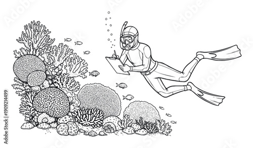 Underwater scientist diver performing marine research and data collection on coral reef ecosystem for educational materials or conservation awareness campaigns