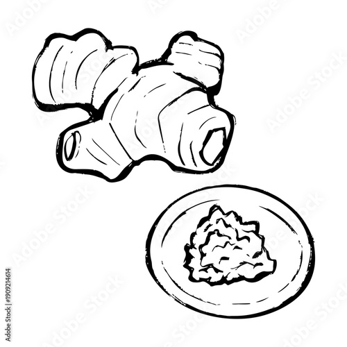 生姜とおろし生姜の線画イラスト