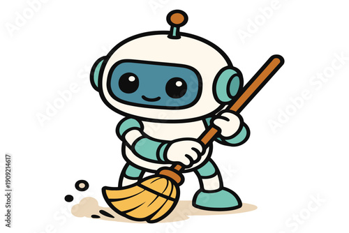 A cheerful robot character cleaning up with a broom and dustpan