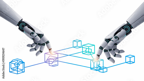 Robotic hands touching 3D blocks with blue lines and connections 3D blocks technology