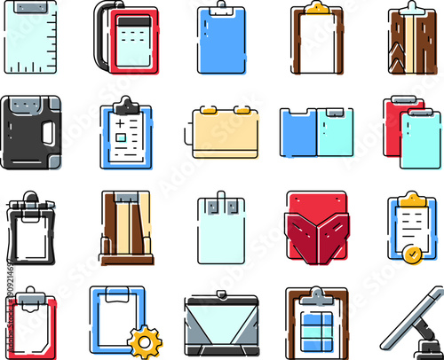 Diverse collection of clipboards and folders showcasing different designs and functionalities for managing tasks, storing information, and organizing office supplies in business settings