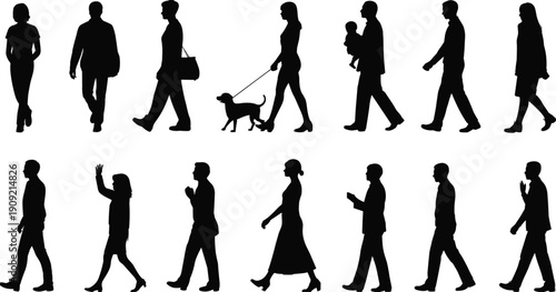 Walking silhouette illustration set, twelve figures diverse poses carrying handbag child dog movement posture design, vector artwork, lifestyle and behavior theme, isolated background