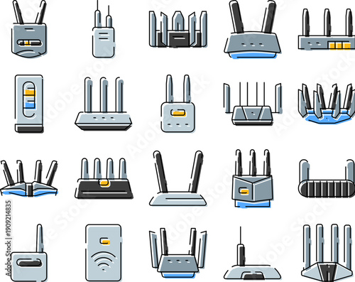 Various internet hardware including routers, modems, and signal boosters illustrating technology for establishing and extending wireless and wired network connections and data transmission