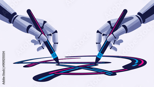 Robotic hands with colorful pens on a light purple background robot arms technology